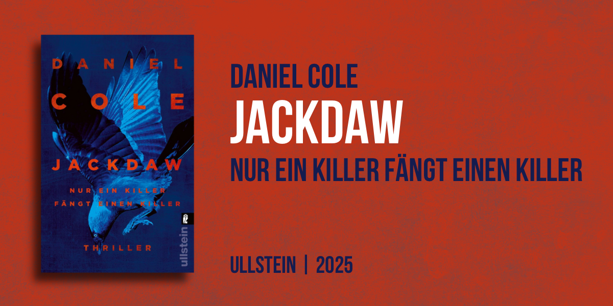 Rotes Banner mit dem blauen Buchcover von Jackdaw des Autors Daniel Cole